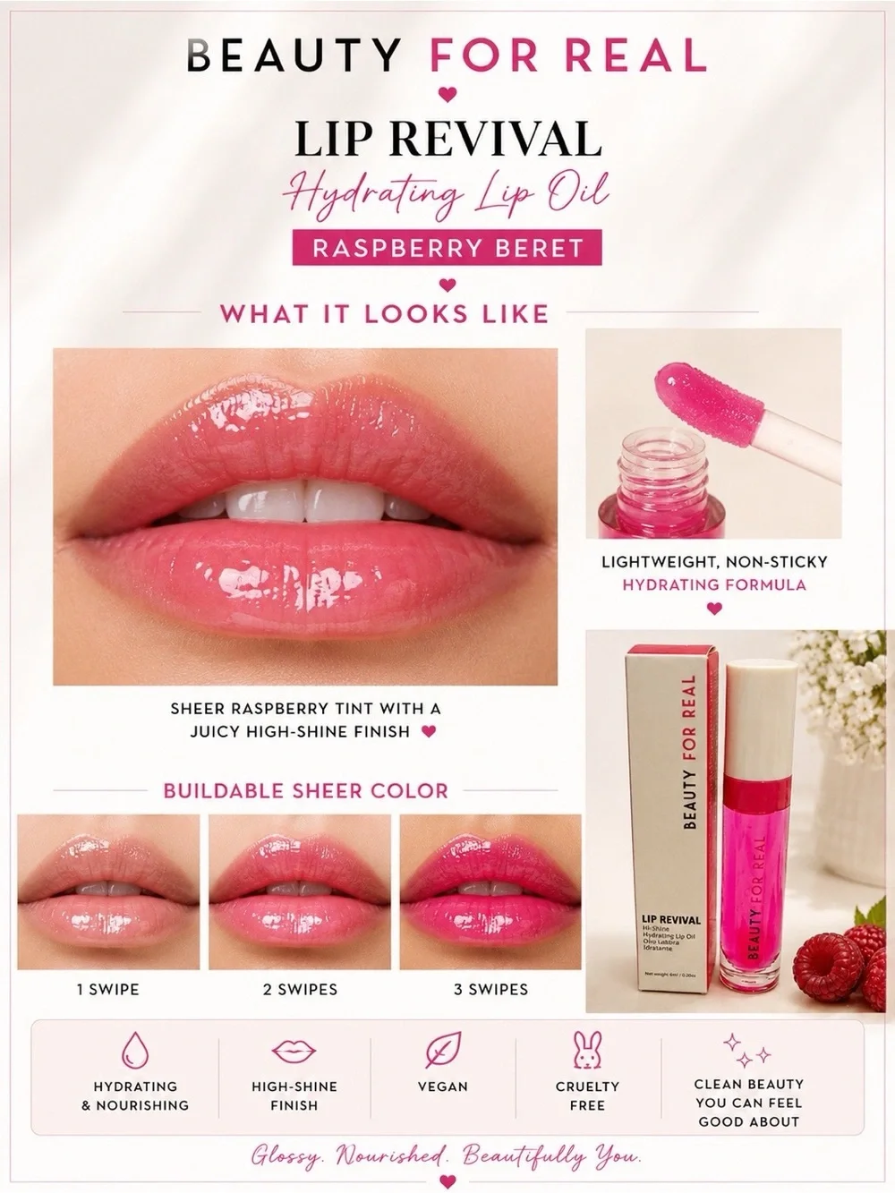 Lip Revival Hydrating Lip Oil - Raspberry Beret (Pink)